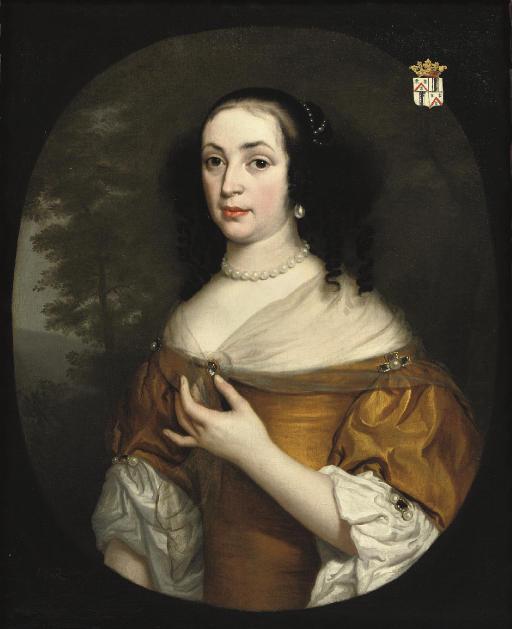 Jan Van Rossum - Portrait of Isabella Bellasis (died 1676), half-length, in a yellow dress and lace chemise, a landscape beyond, in a painted oval