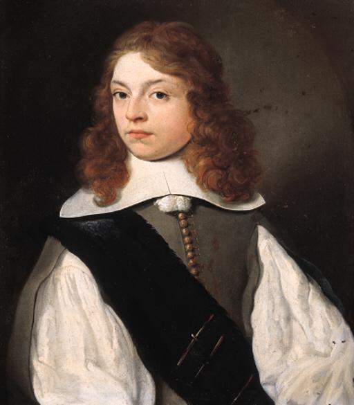 Jan Van Rossum - Portrait of Pieter van Heemskerck (1637-1716), half length, wearing grey costume with slashed sleeves, lace shirt and black sash, in a painted oval