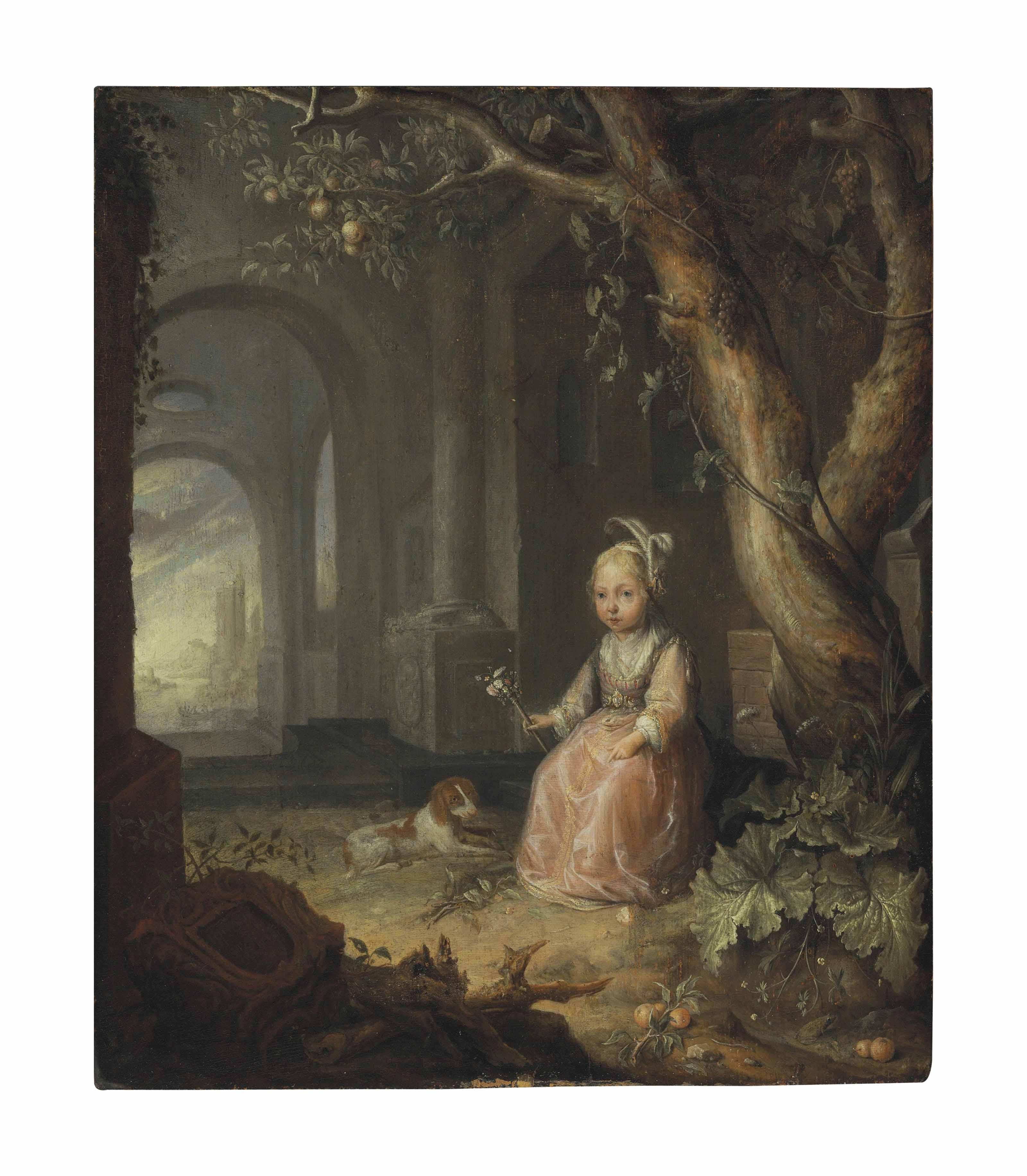 Jan Van Staveren - Portrait of a girl with her dog in a courtyard, a landscape with ruins beyond