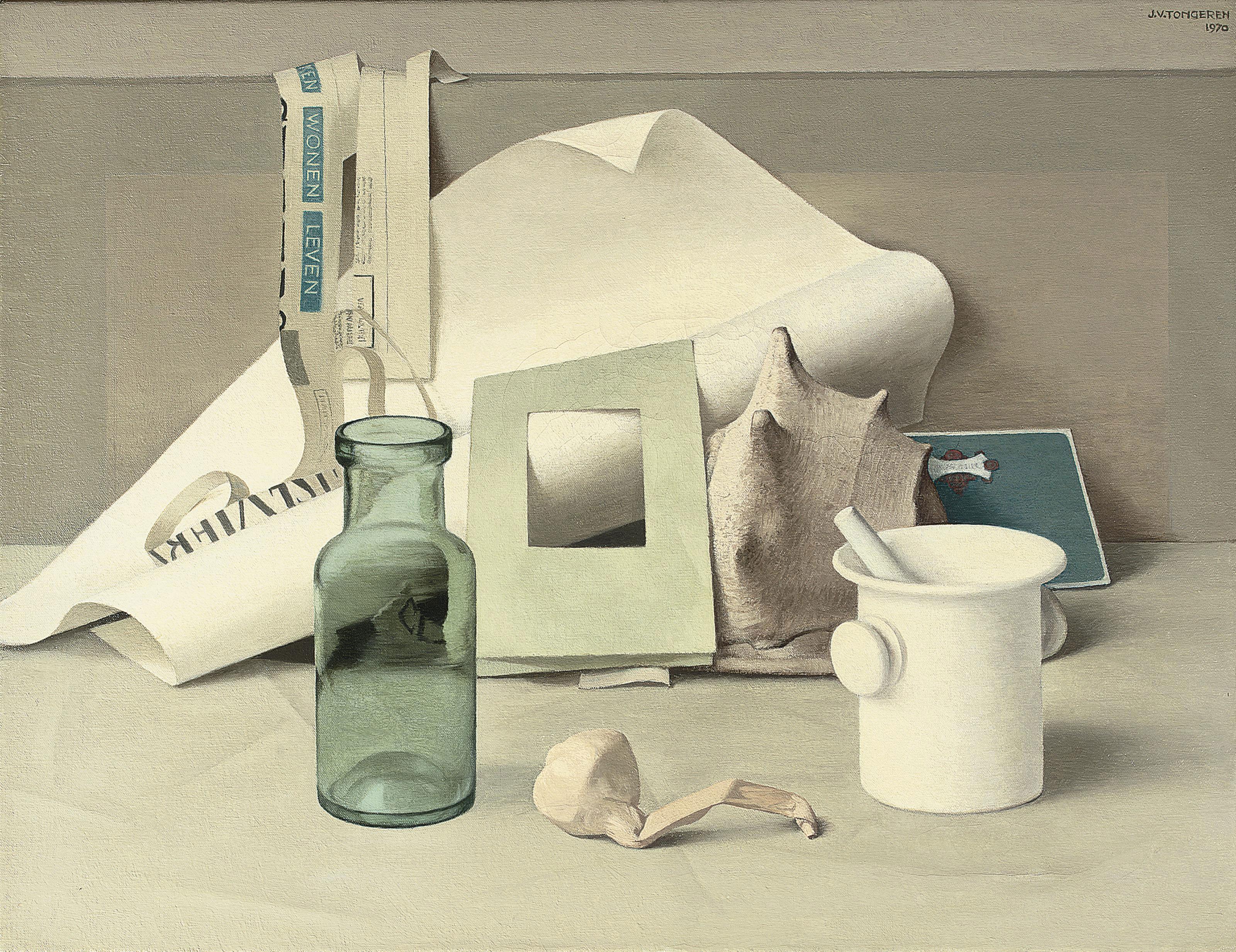 Jan van Tongeren - Still life with a mortar, garlic and a bottle