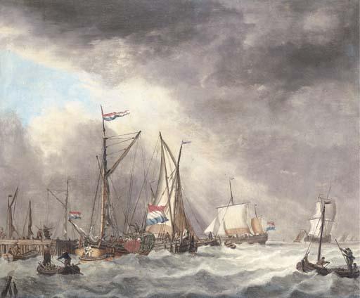 Jan Verbruggen - A harbor scene with ships in stormy waters