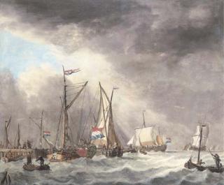 Jan Verbruggen - A harbor scene with ships in stormy waters