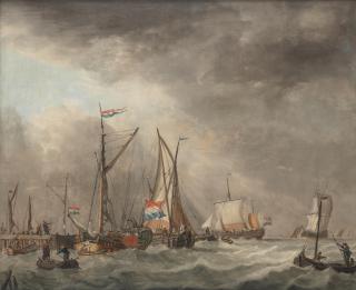 Jan Verbruggen - A harbour scene with ships in stormy waters