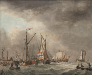 Jan Verbruggen - A Harbour Scene With Ships In Stormy Waters
