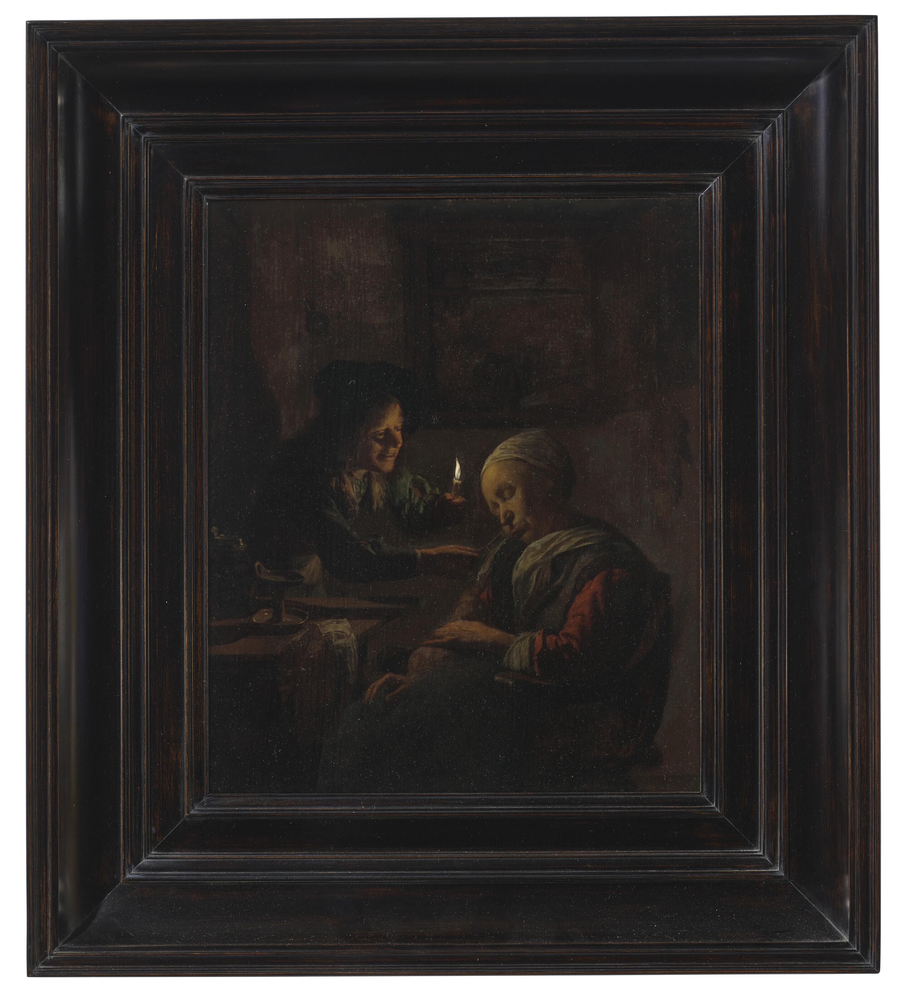 Jan Verkolje I - A young boy holding a candle teasing a sleeping woman