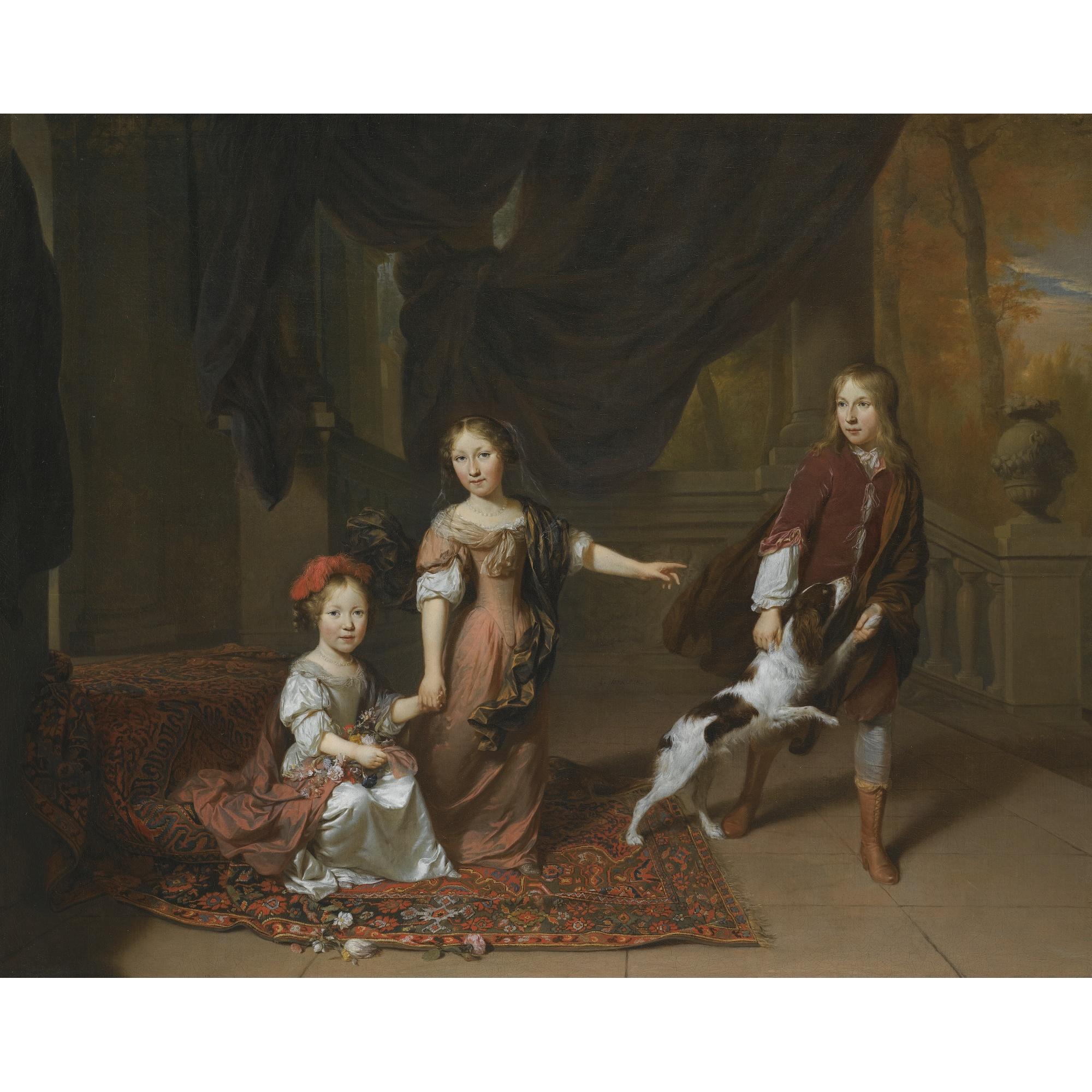 Jan Verkolje The Elder - A Portrait Of Two Sisters And Their Brother Playing With A Dog