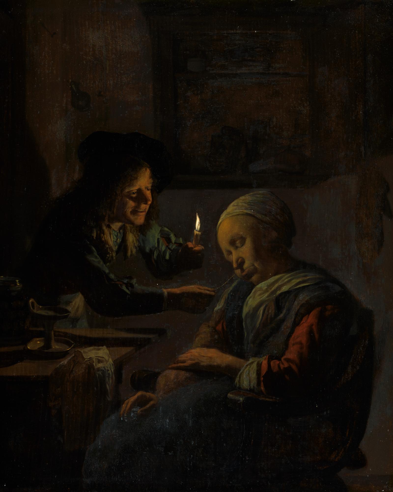 Jan Verkolje The Elder - A Sleeping Old Woman Teased By A Youth With A Candle