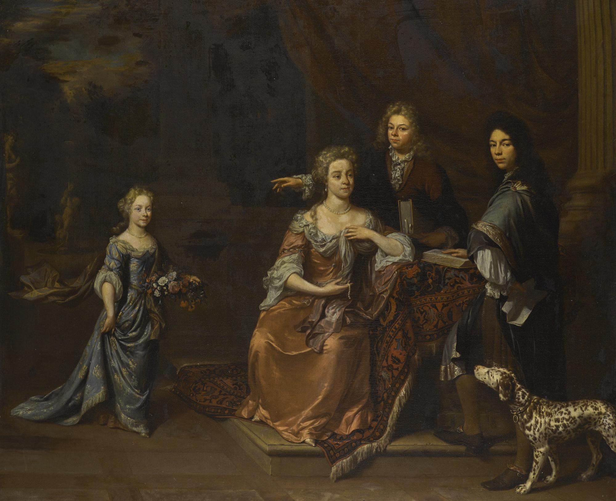 Jan Verkolje the Elder - Portrait Of A Family In A Park Landscape, Attended By Their Dalmatian