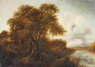 Jan Vermeer van Haarlem - A Wooded River Landscape With Travellers On A Track