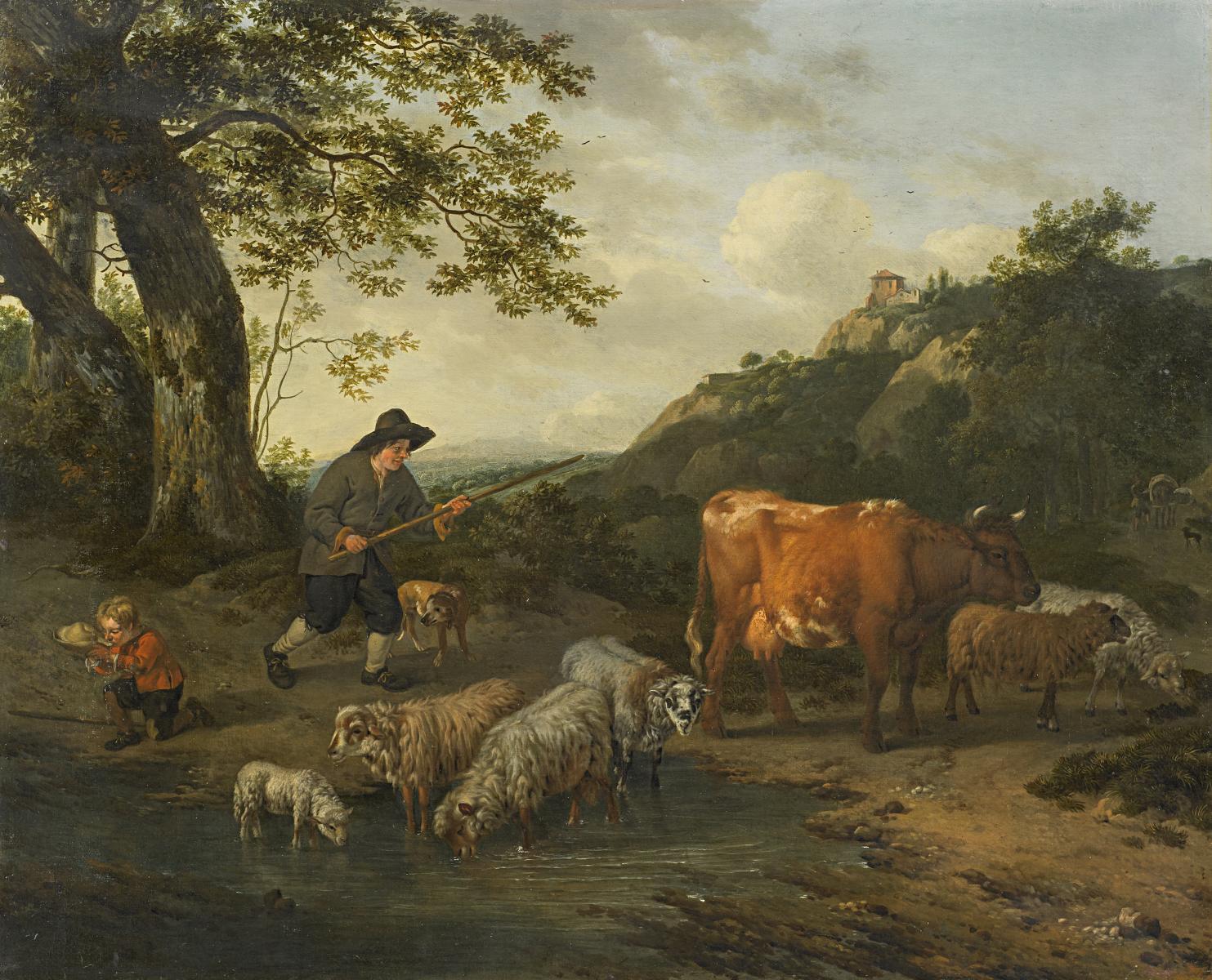 Jan Vermeer - Hirten mit ihrem Vieh an der Tränke. Im Hintergrund weite Hügellandschaft.