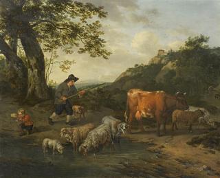 Jan Vermeer - Hirten mit ihrem Vieh an der Tränke. Im Hintergrund weite Hügellandschaft.
