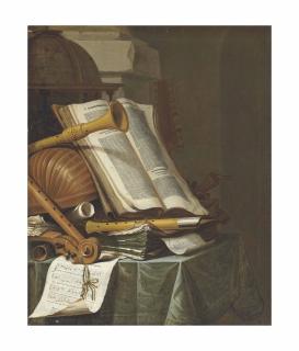 Jan Vermeulen - Books, a globe and musical instruments on a draped table