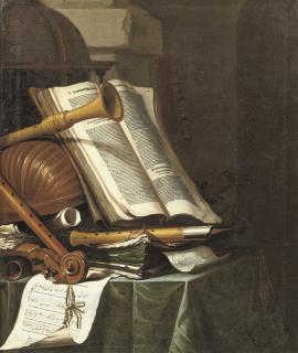 Jan Vermeulen - Books, a globe and musical instruments on a draped table