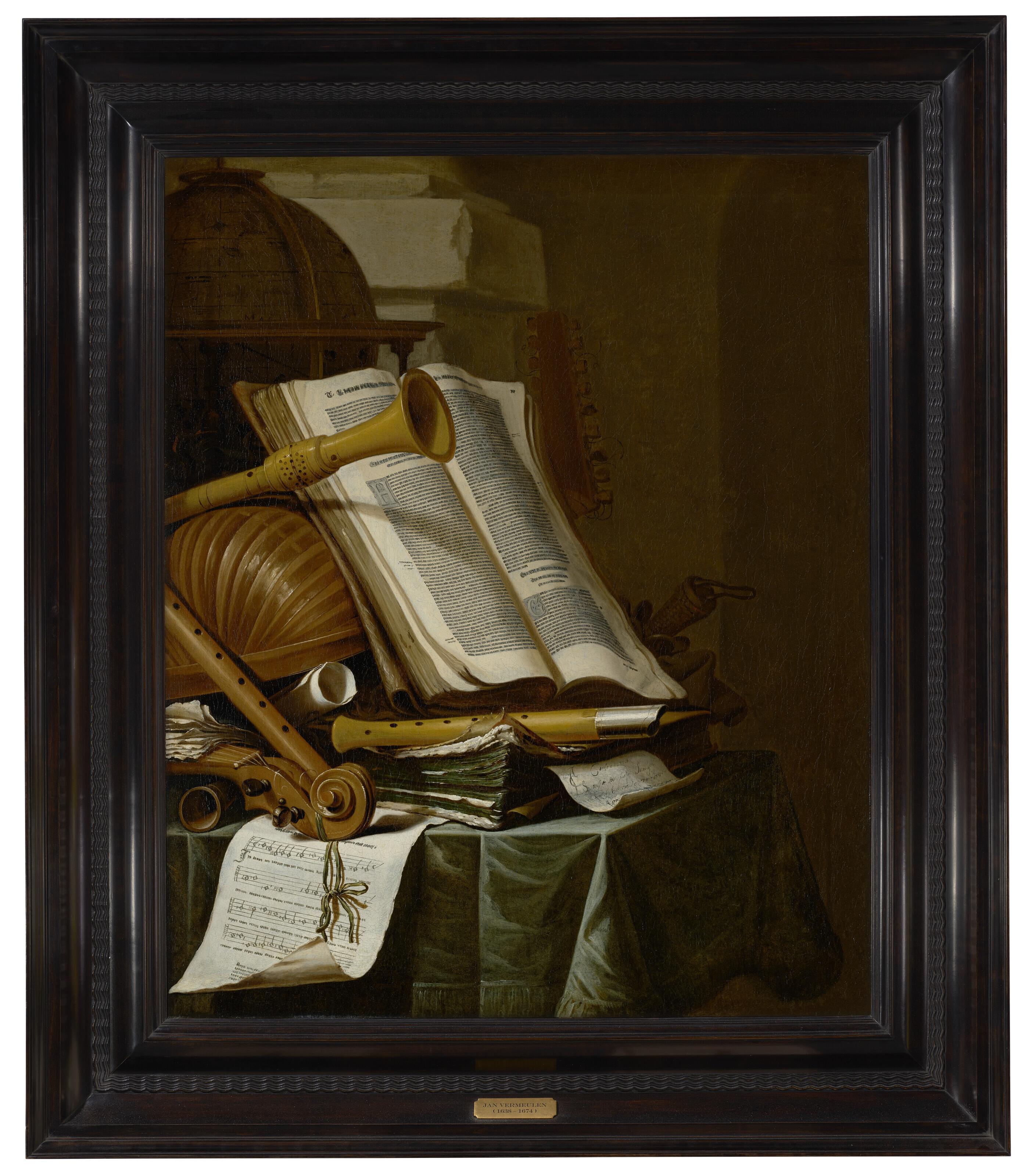 Jan Vermeulen - Books, A Globe And Musical Instruments On A Draped Table