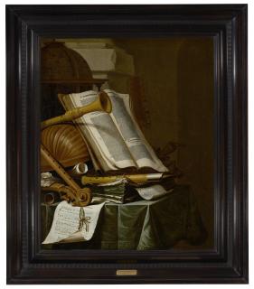 Jan Vermeulen - Books, A Globe And Musical Instruments On A Draped Table