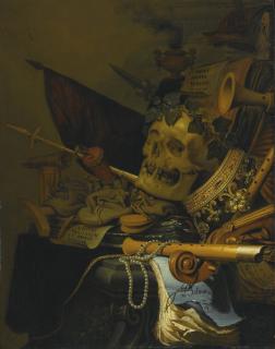 Jan Vermeulen - Vanitas Still Life: Skull With An Ivy Wreath, A Crown, Money Bags, An Hourglass And A Book Of Sheet Music, Pearls And Other Objects On A Stone Plinth