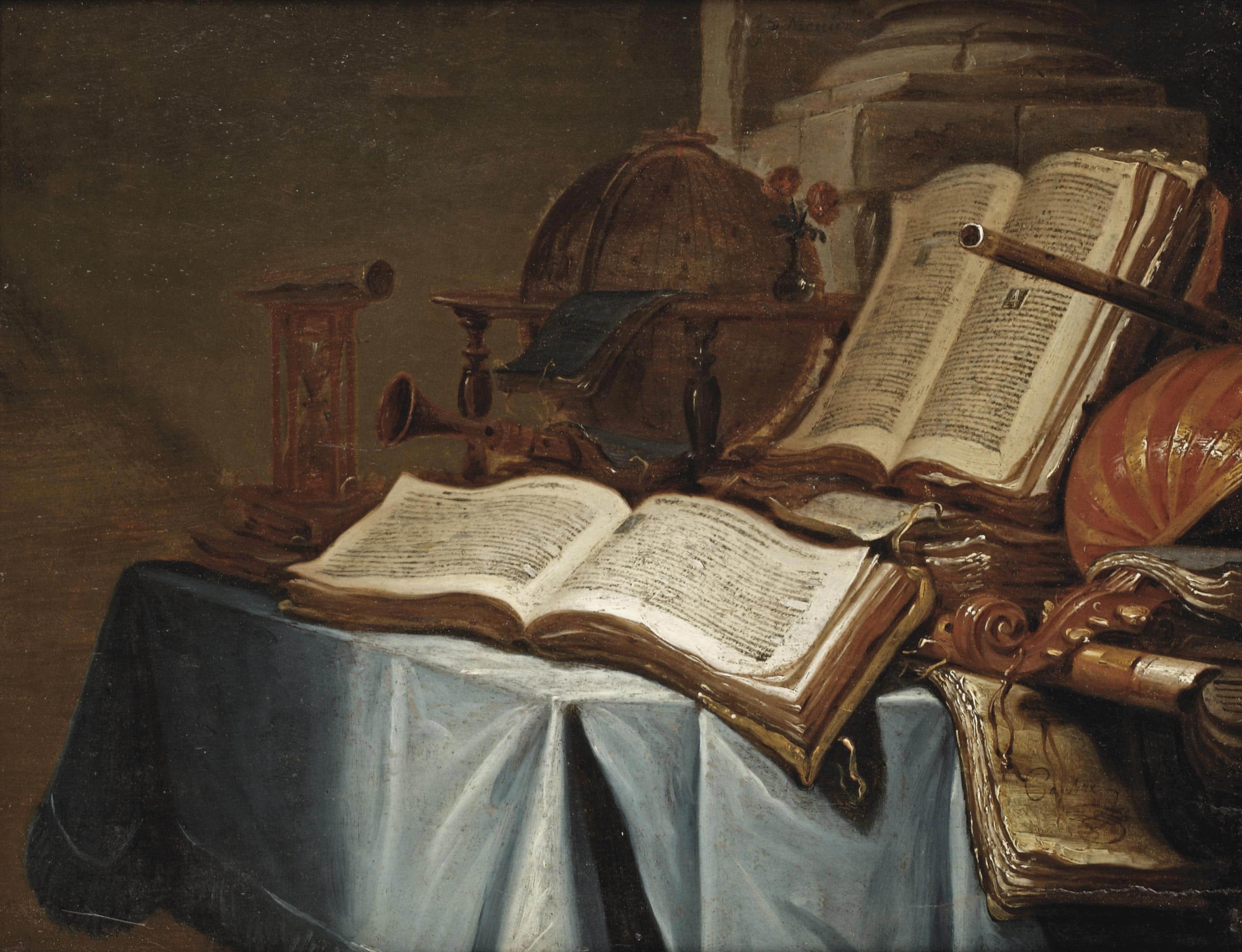 Jan Vermeulen - Vanitas still life with an hour glass, books, a globe, flutes and a lute on a draped table
