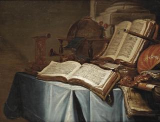 Jan Vermeulen - Vanitas still life with an hour glass, books, a globe, flutes and a lute on a draped table