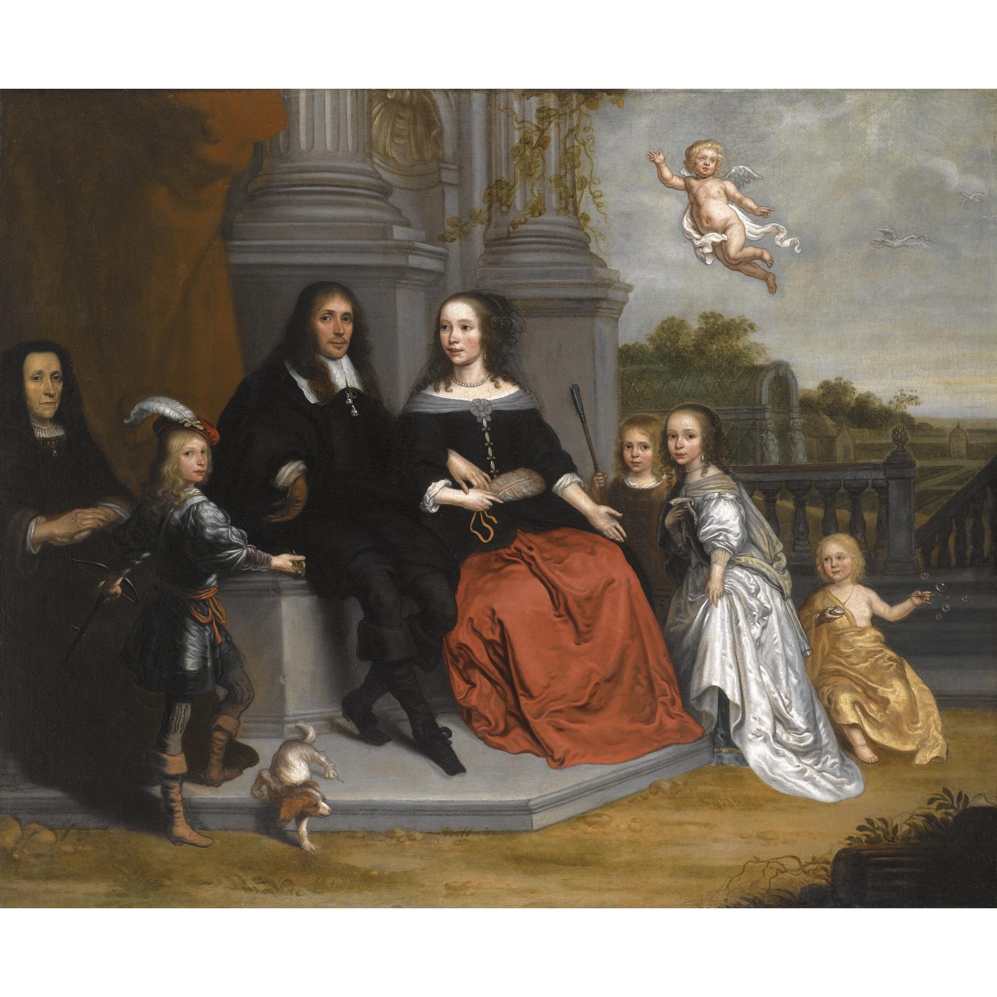 Jan Victors - A Portrait Of A Family Within A Formal Garden Setting, The Husband And Wife Seated Beneath Two Fluted Pillars