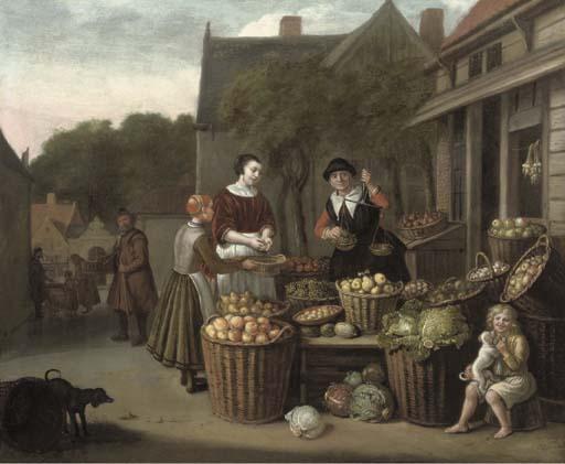 Jan Victors - A Woman And Child Purchasing Fruit At A Market