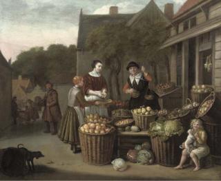 Jan Victors - A Woman And Child Purchasing Fruit At A Market
