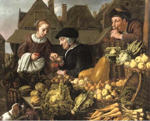 Jan Victors - A Young Woman Buying Fruit From An Old Woman At A Market, A Man Smoking A Pipe Nearby