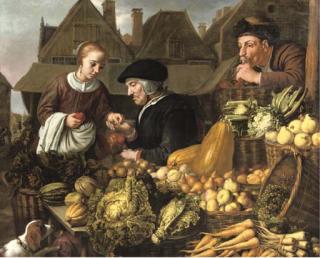 Jan Victors - A Young Woman Buying Fruit From An Old Woman At A Market, A Man Smoking A Pipe Nearby