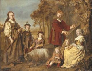 Jan Victors - Group portrait of a family, full-length, in pastoral dress, in a landscape