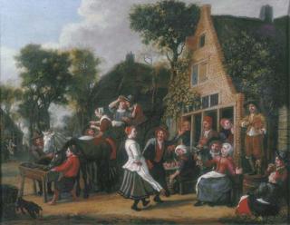 Jan Victors - Peasants making merry and a wagon halting outside an inn