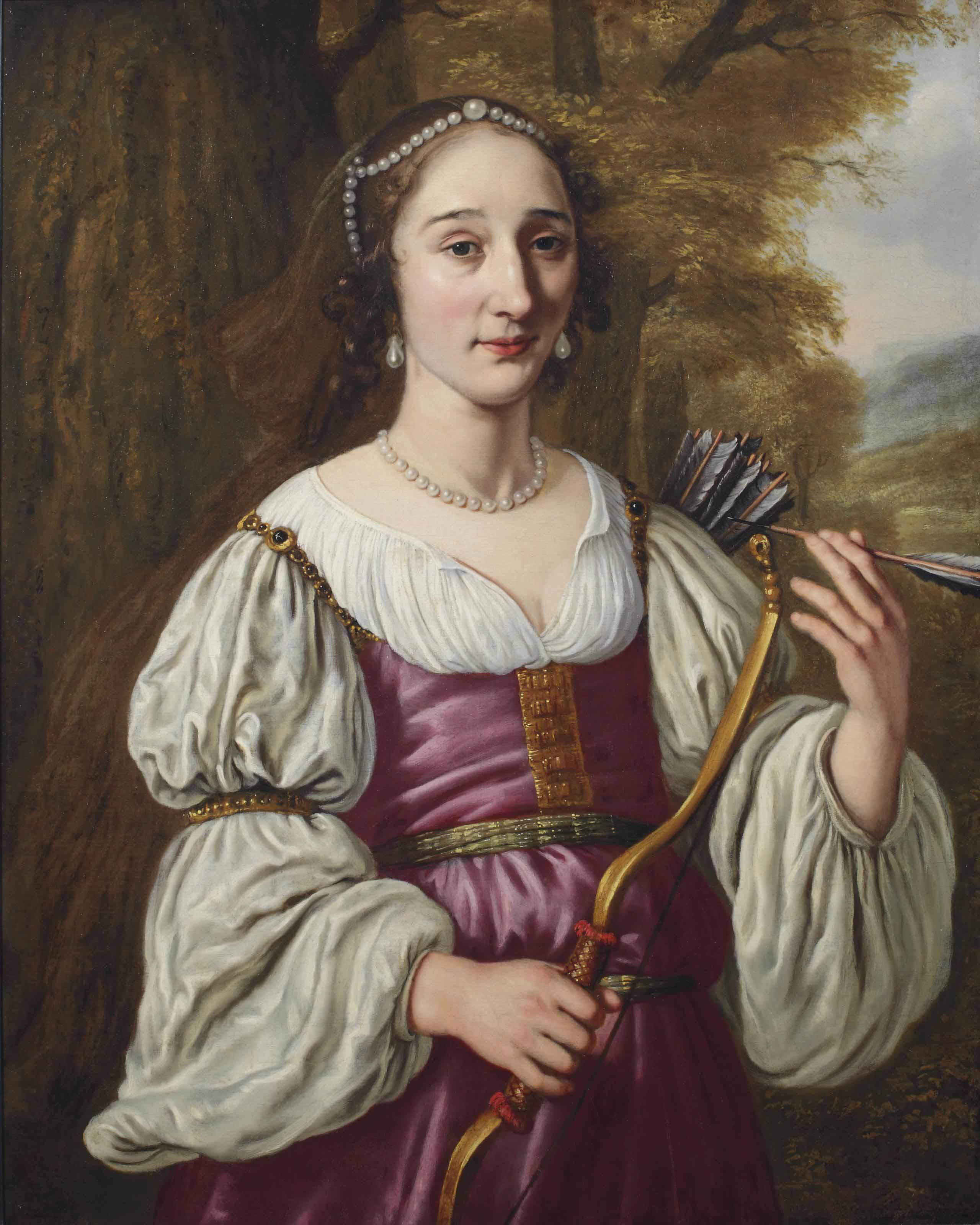 Jan Victors - Portrait Of A Young Lady As Diana, Half-Length, In A Violet Dress And Pearl Jewellery, Holding A Bow And Quiver