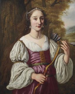 Jan Victors - Portrait Of A Young Lady As Diana, Half-Length, In A Violet Dress And Pearl Jewellery, Holding A Bow And Quiver
