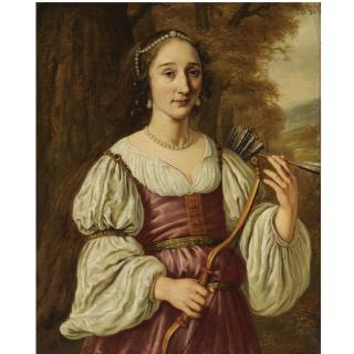 Jan Victors - Portrait Of A Young Lady As Diana, Standing Half-Length, Wearing A Red And White Dress And Pearl Jewellery, Holding A Bow And Quiver