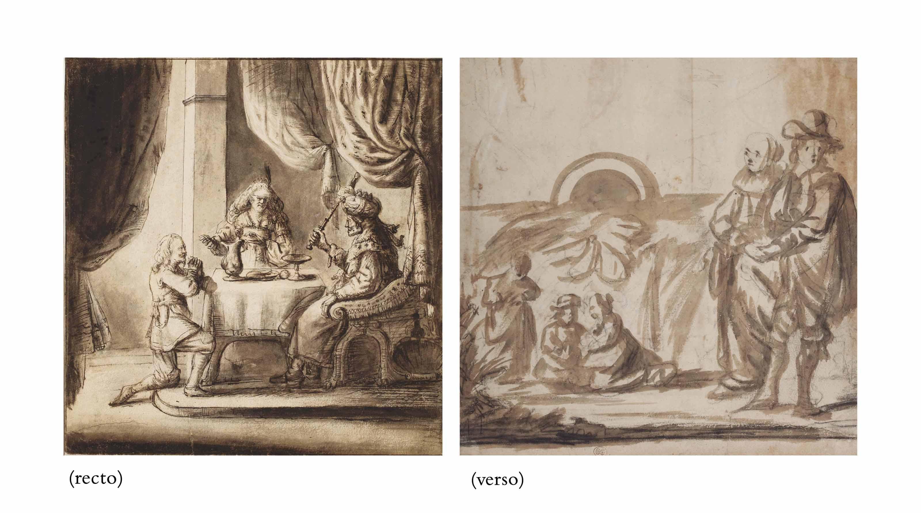 Jan Victors - The Feast Of Esther (Recto); Portrait Of A Family On A Terrace (Verso)