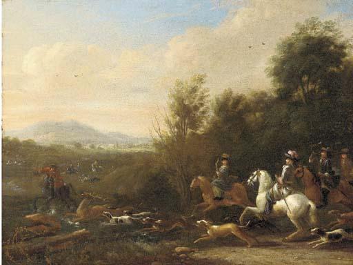 Jan Vincentsz. van der Vinne - A wooded landscape with a stag hunt