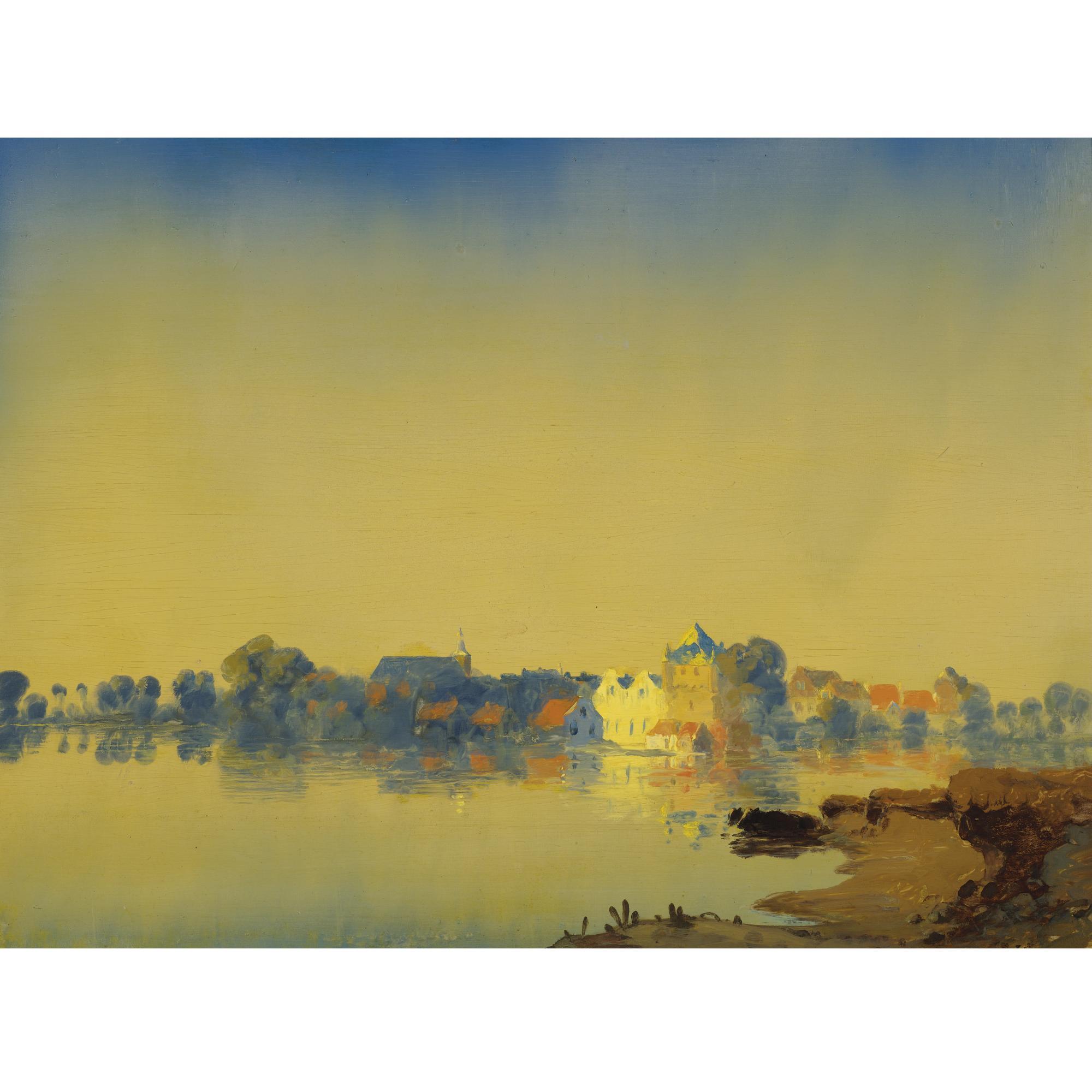 Jan Voerman I - Dutch River With A Town In The Distance