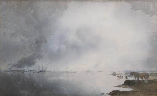 Jan Voerman Sen. - Aftrekkend onweer: calm day on a riverbank of the IJssel