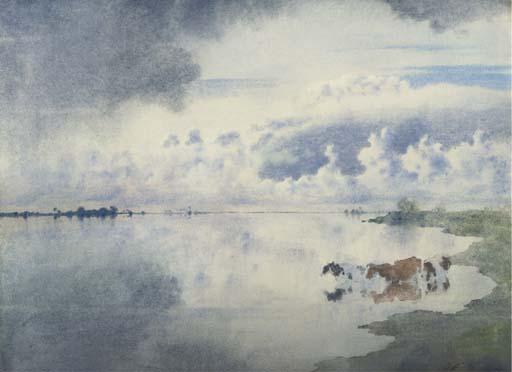 Jan Voerman Sen. - Watering cows along the river IJsel