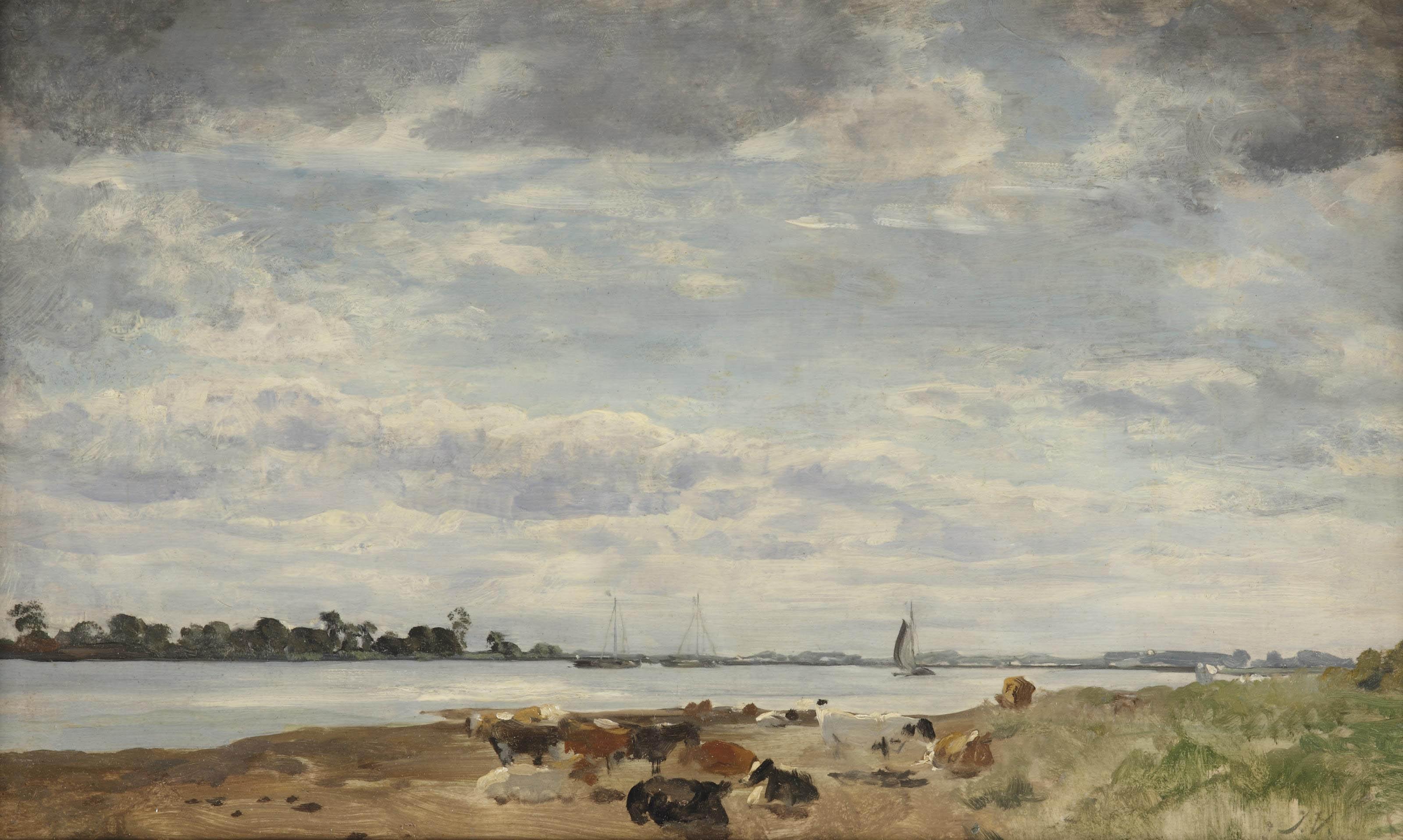 Jan Voerman - Het kleine Veer; cows resting on the shore of the river IJssel