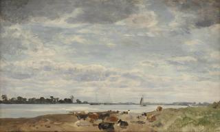 Jan Voerman - Het kleine Veer; cows resting on the shore of the river IJssel