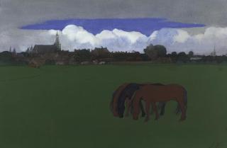 Jan Voerman - Horses in a meadow, A View of Hattem Beyond