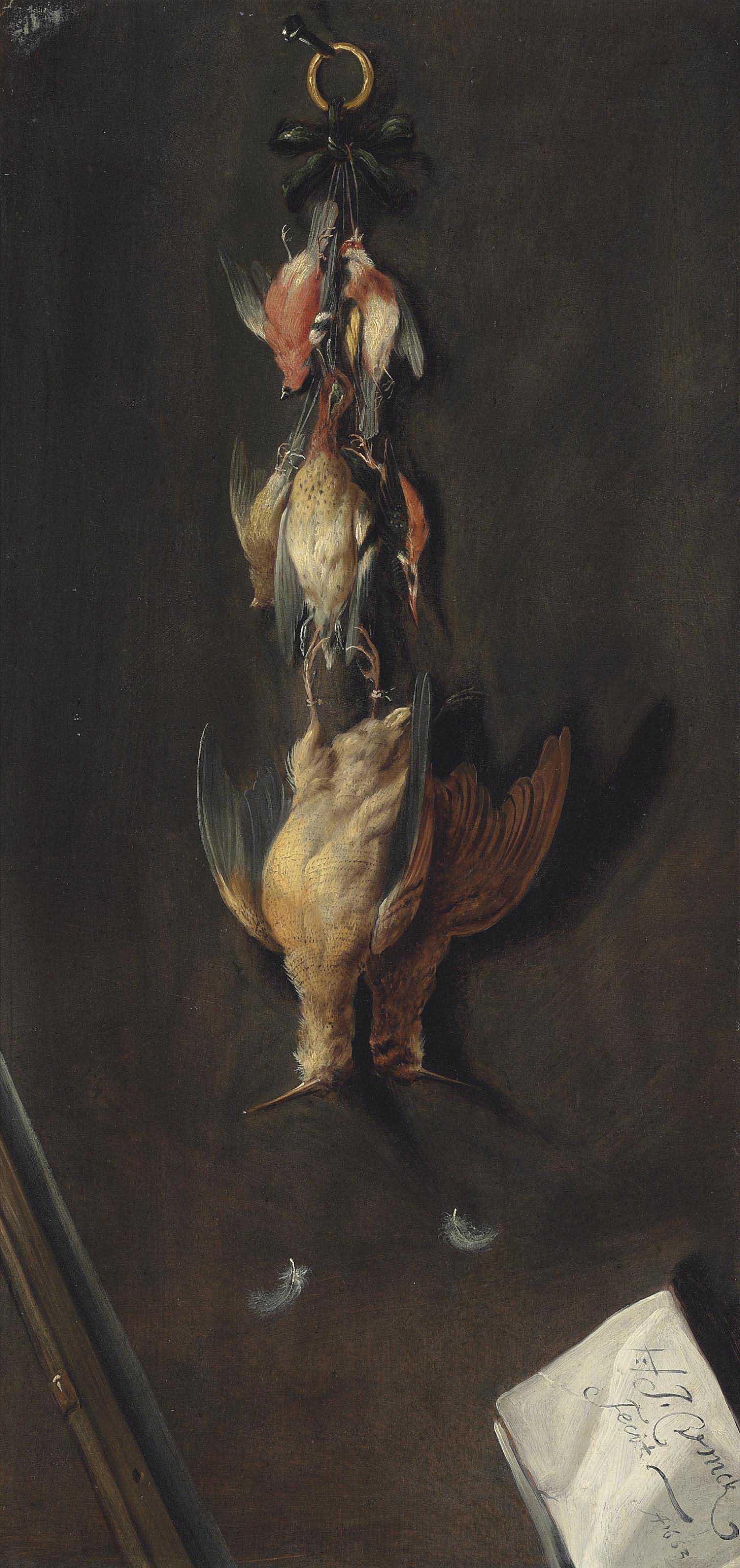 Jan Vonck - Finches and snipe hanging on a hook, with the barrel of a rifle in the foreground