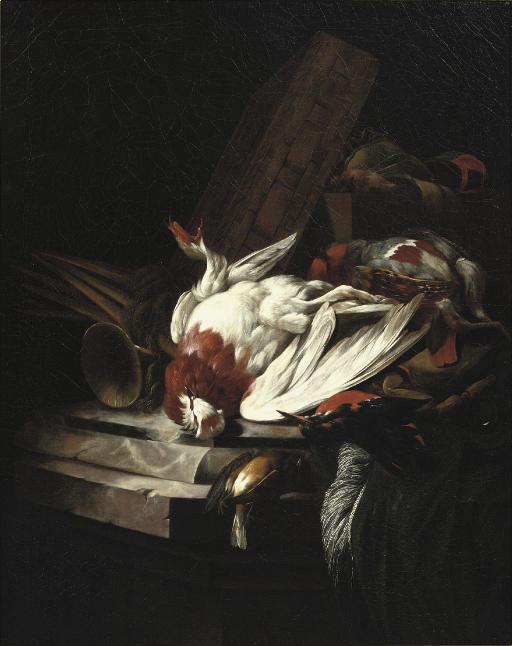 Jan Vonck - Pheasants hanging from a rope, with a \'snipe\' and songbirds on a stone ledge