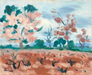Jan Waclaw Zawadowski - A Pink and Blue Landscape with Trees unframed.