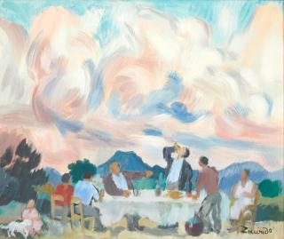 Jan Waclaw Zawadowski - Dinner al Fresco Under a Pink Sky framed 62.0 x 71.0 x 3.0 cm (24 2/5 x 28 x 1 1/5 in).