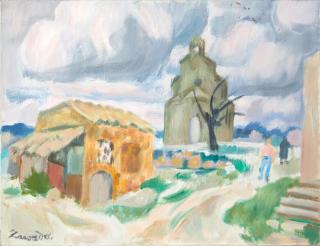 Jan Waclaw Zawadowski - Landscape with a Church and Figures unframed.