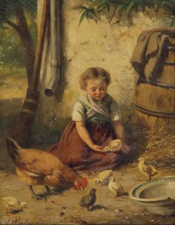 Jan Walraven - A young girl playing with chickens