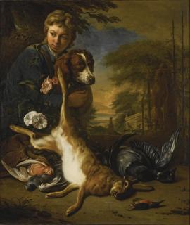 Jan Weenix - A Boy And A Dog With A Still Life Of Game, In A Park Landscape