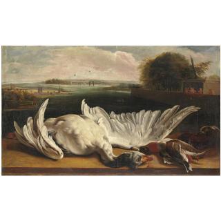Jan Weenix - A Dead Swan And A Mallard On A Ledge Before An Extensive River Landscape