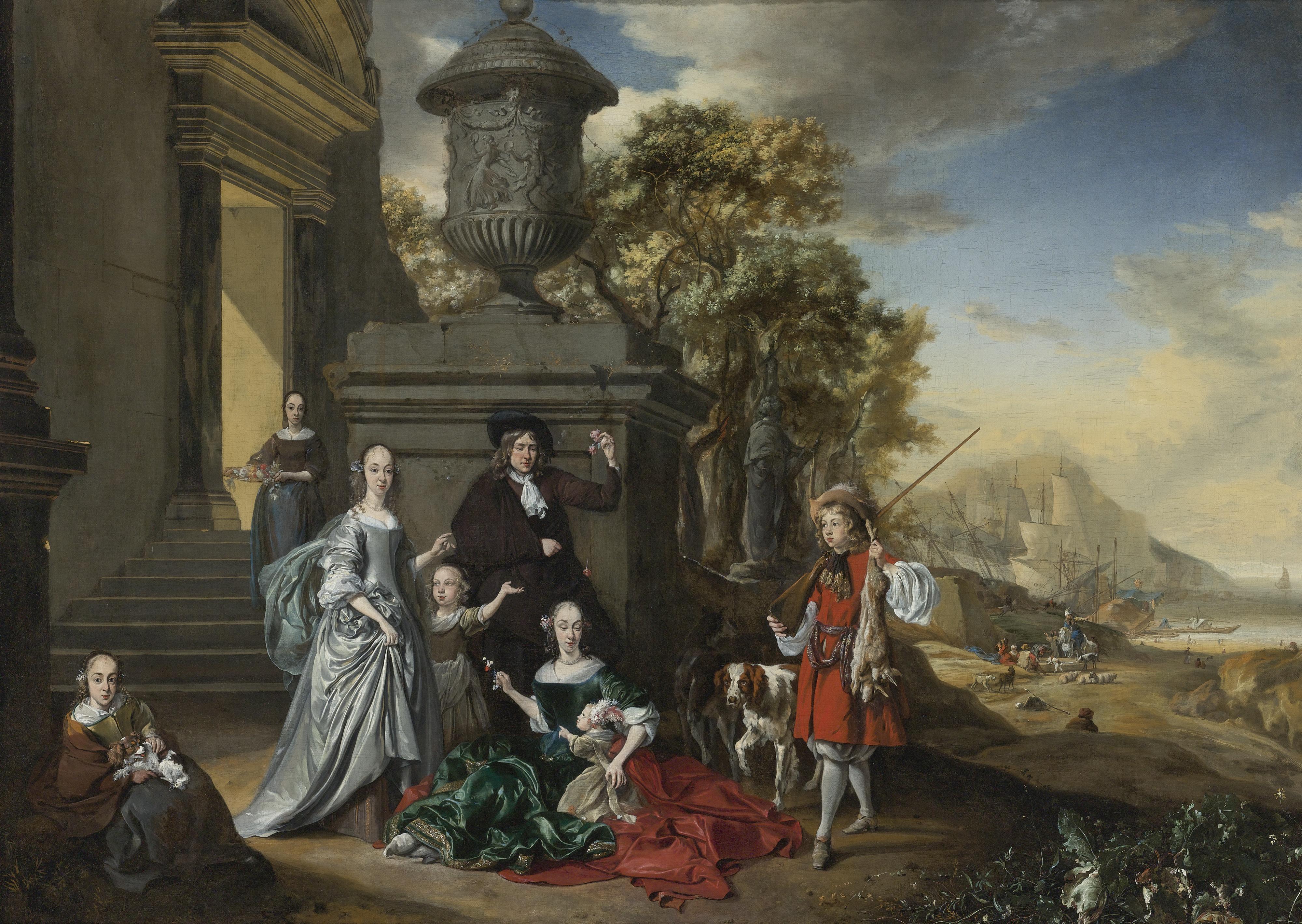 Jan Weenix - A Family Portrait On The Grounds Of A Villa With An Italianate Harbor Scene Beyond