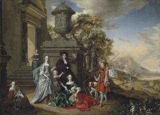 Jan Weenix - A group portrait of an elegantly dressed family by a classical building, with a boy approaching, holding game and a rifle, a coastal landscape beyond